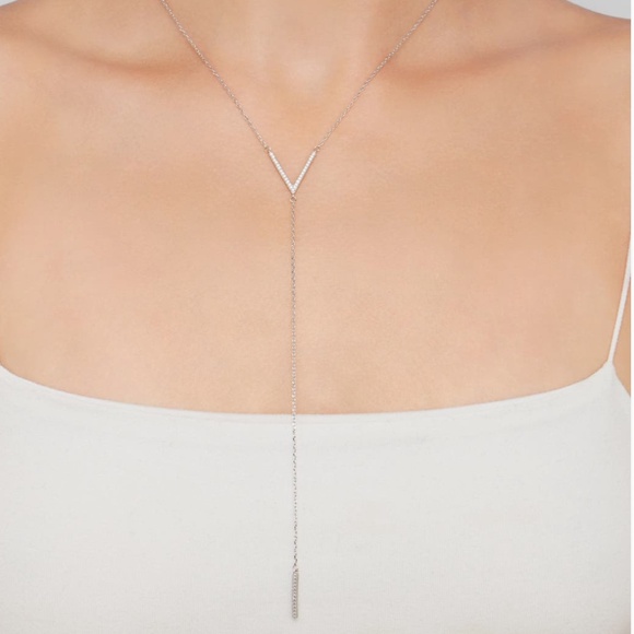 AdorniaSterling Silver Swarovski Crystal Accented V Necklace - NEW - Picture 1 of 5